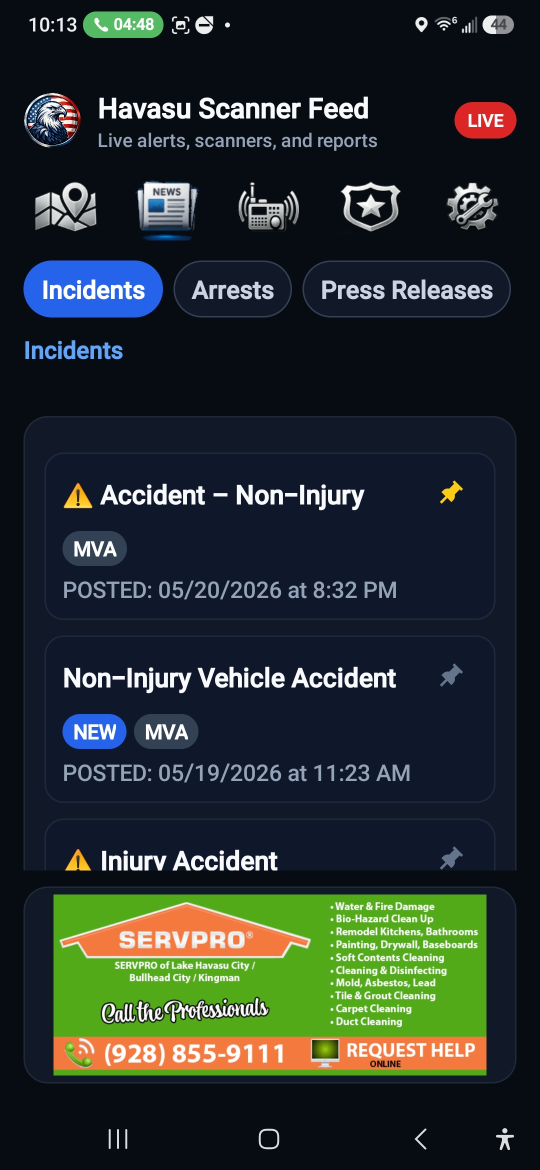 Havasu Scanner Feed 3.0 headlines and incident reports screen