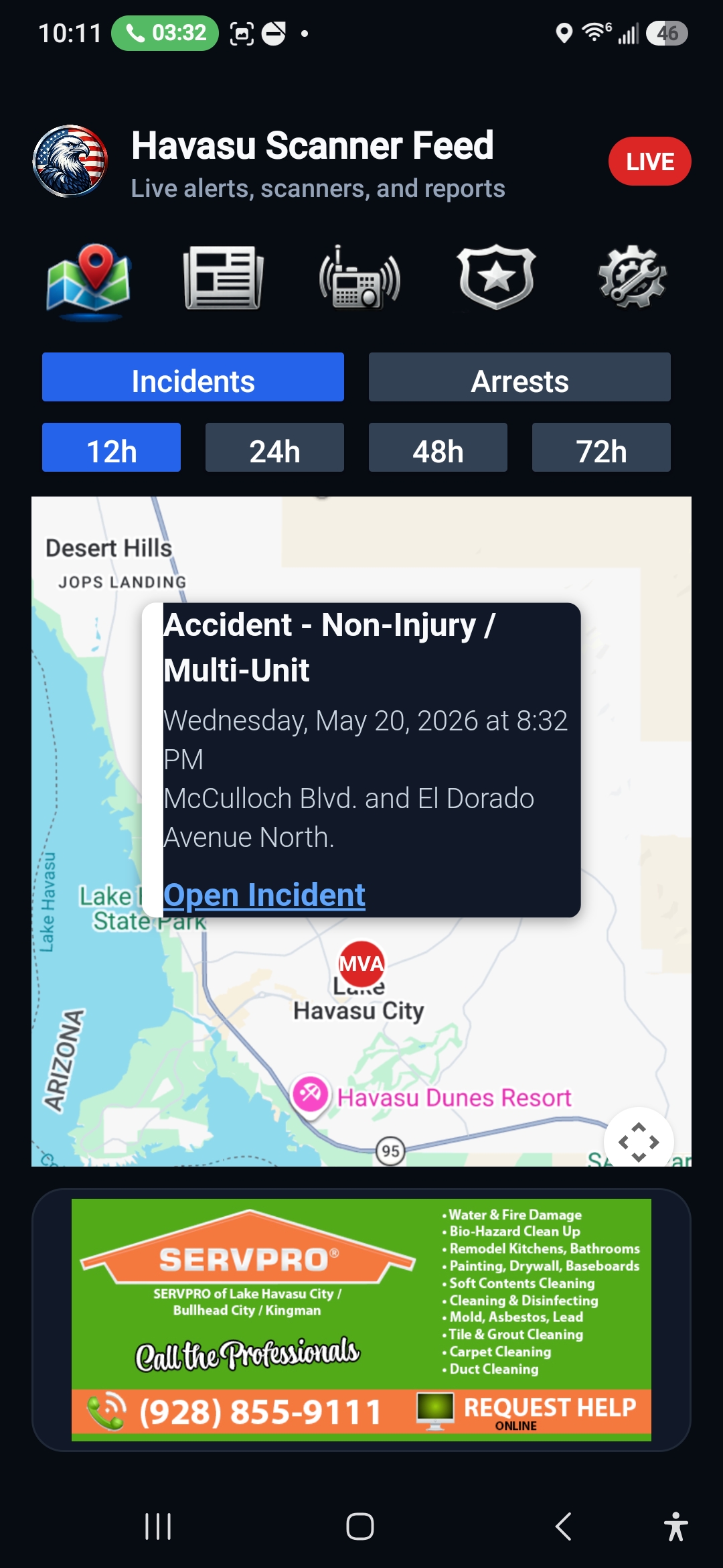 Havasu Scanner Feed incident map with popup details